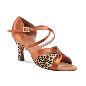 Danceage 2242-9002 Dark Tan Satin+Tan Leopard Ladies Latin Dance Shoes